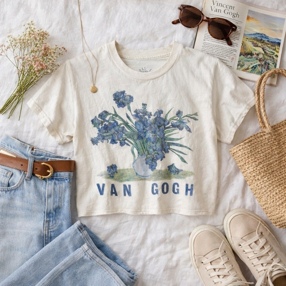 Van Gogh Graphic Crop Tee | Cream Cotton Art Shirt | Blue Irises | Size S